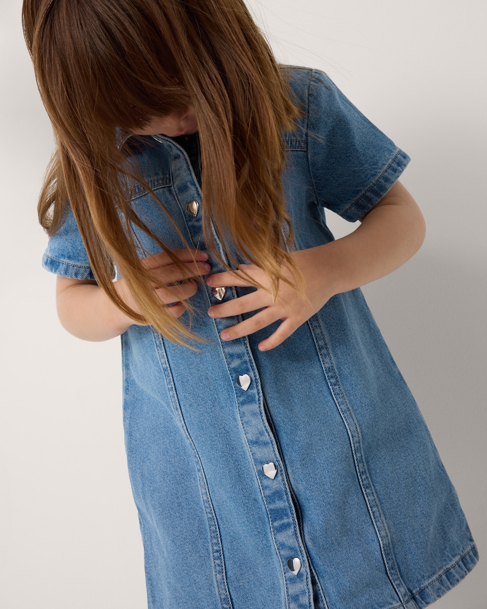 image 1 of F&F Girls Pure Cotton Denim Shirt Dress in Blue