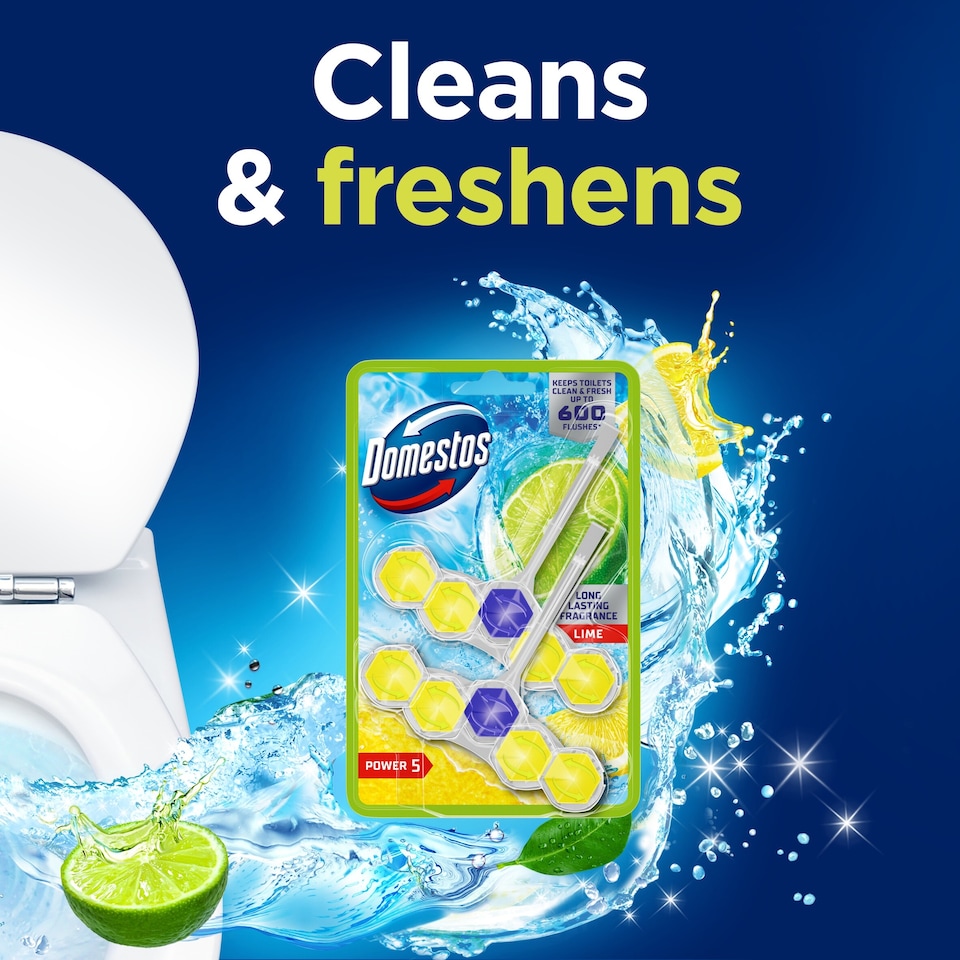 image 1 of Domestos Power 5 Toilet Rim Block Freshener Lime 2x 50g