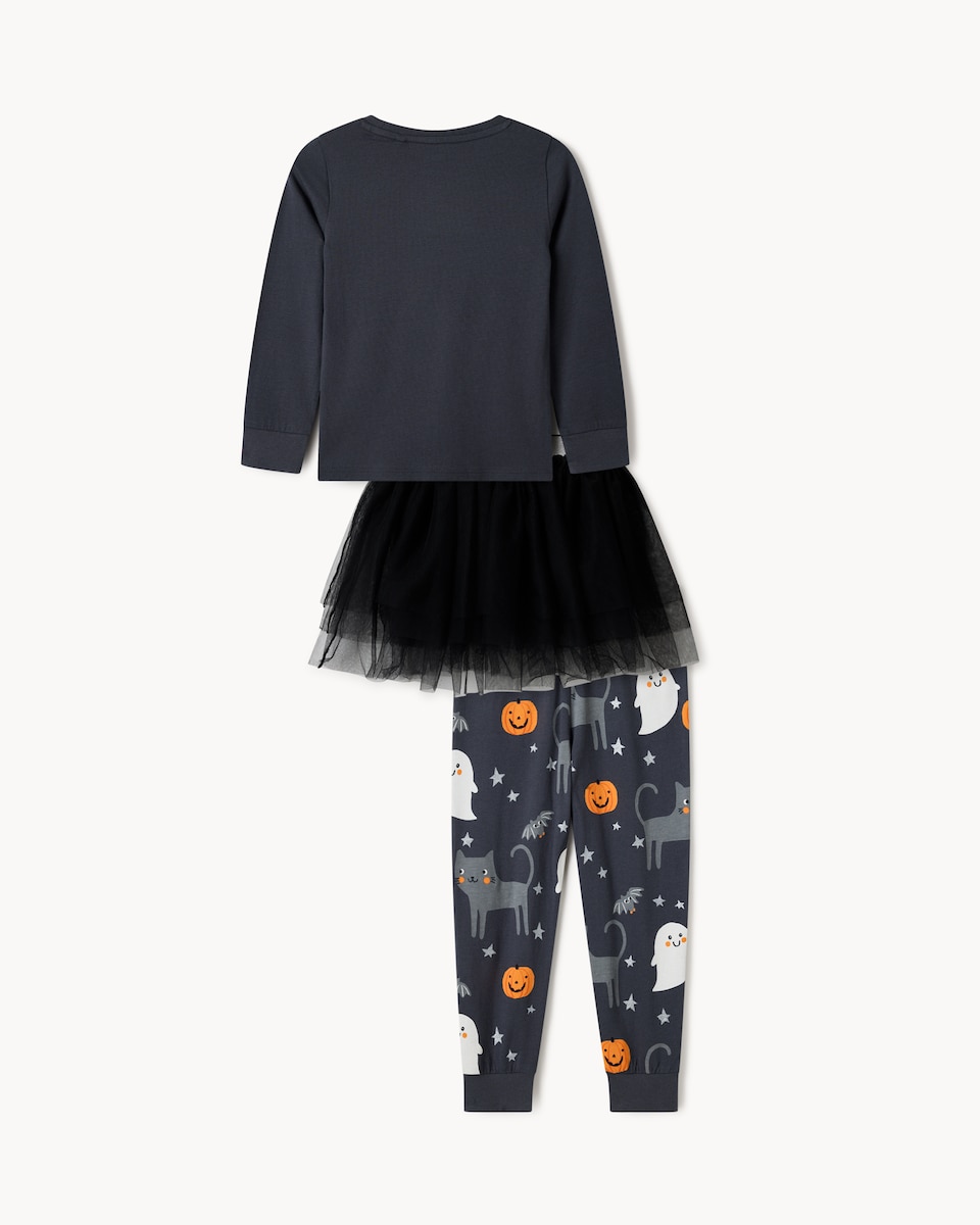image 1 of F&F Girls Halloween Top, Skirt and Bottoms Pyjama Set in Black