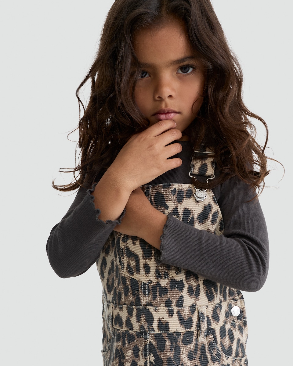 image 1 of F&F Girls 2-Piece Leopard Print Pinafore and Long Sleeved Top Set in Multi Brown