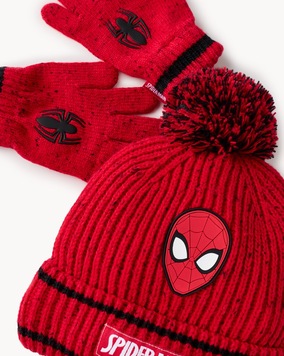 image 1 of Marvel Spider-Man 2-Piece Knitted Hat and Gloves Set in Red