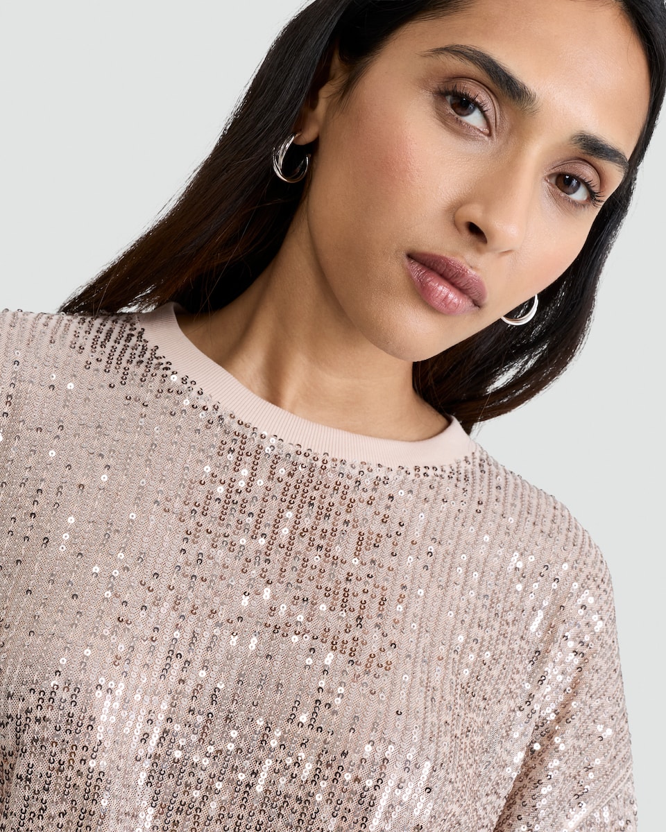 image 1 of F&F Sequin Embellished Boxy Short Sleeved Top in Cream