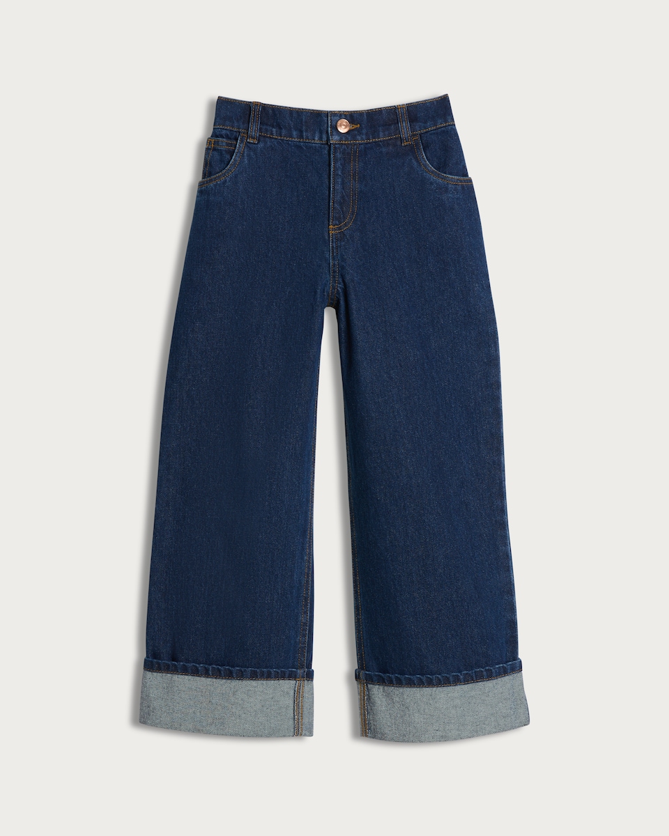 image 1 of F&F Girls Pure Cotton Wide Leg Turn Up Jeans in Blue