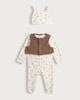 image 1 of F&F Baby 3-Piece Cotton Rich Teddy Print Sleepsuit, Gilet and Hat Set in White