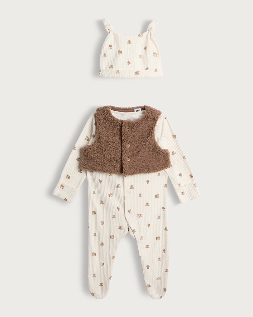 image 1 of F&F Baby 3-Piece Cotton Rich Teddy Print Sleepsuit, Gilet and Hat Set in White