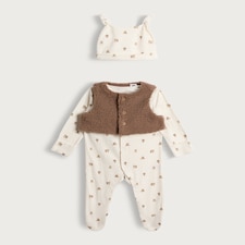 F&F Baby 3-Piece Cotton Rich Teddy Print Sleepsuit, Gilet and Hat Set in White