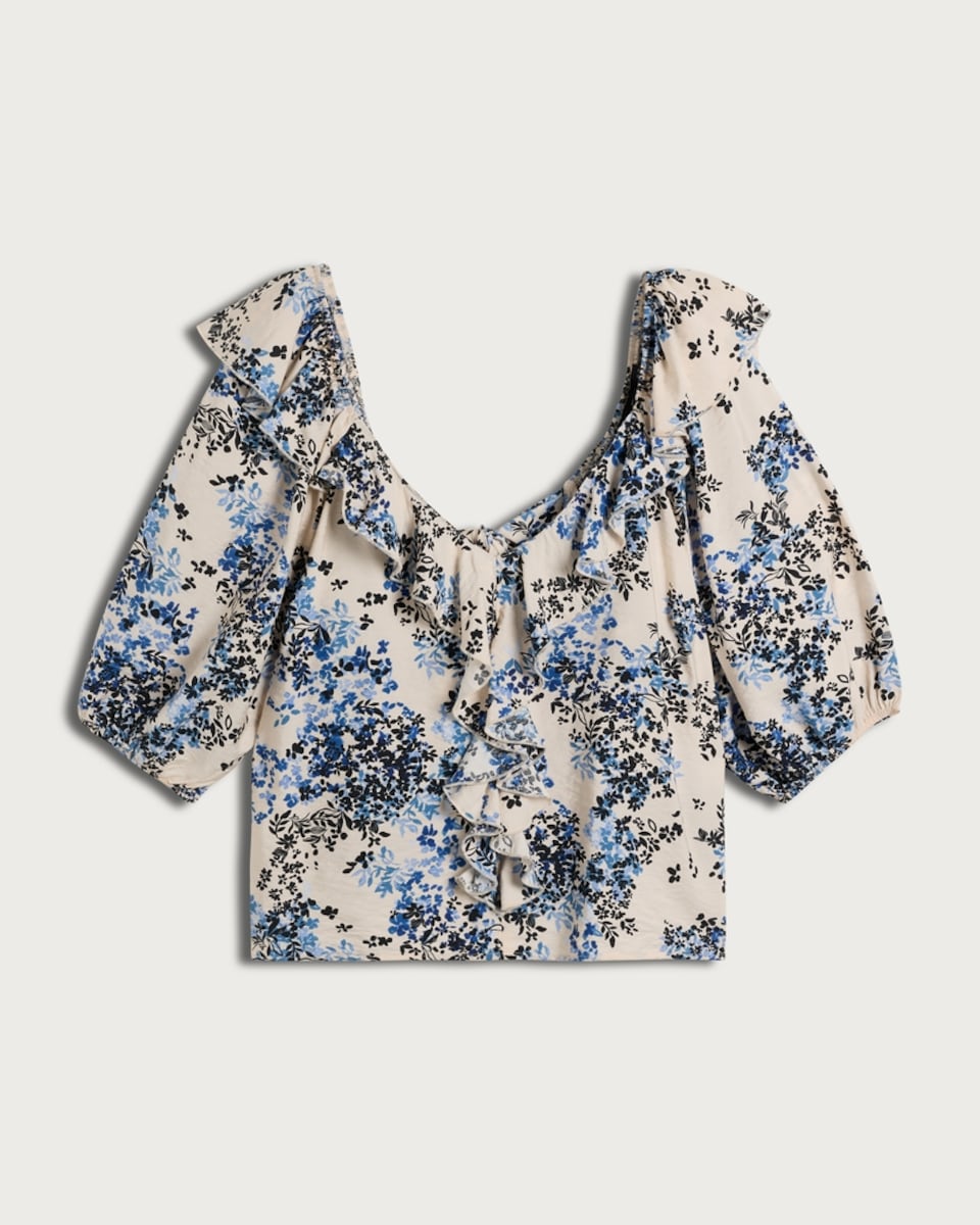 image 1 of F&F Floral Ruffle Detail Blouse in Multi Blue