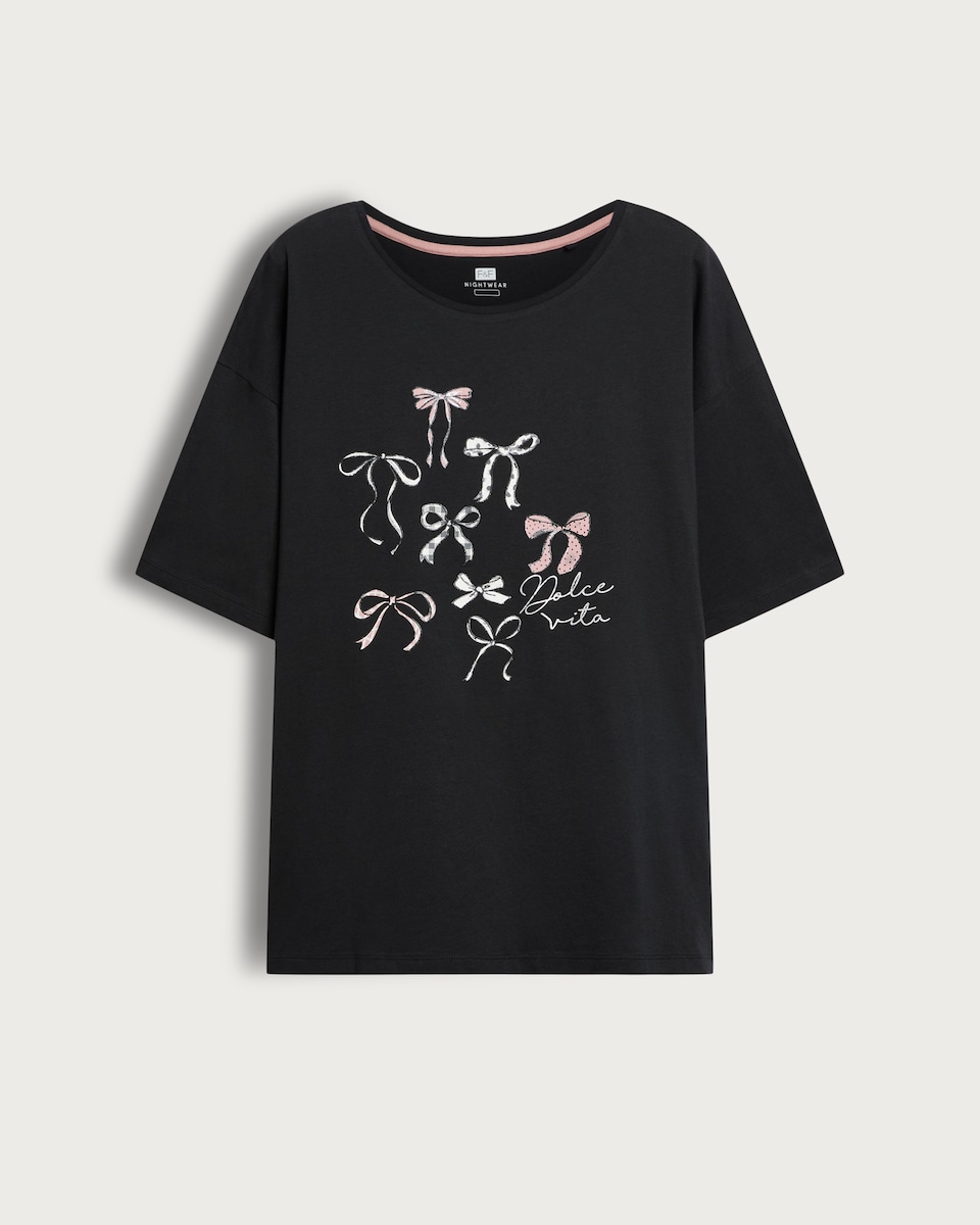 image 1 of F&F Pure Cotton Bow Print Short Sleeved Pyjama Top in Black