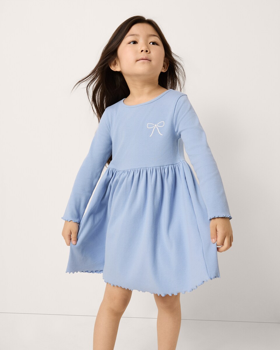 image 1 of F&F Girls Cotton Rich Ribbed Embroidered Bow Dress in Blue