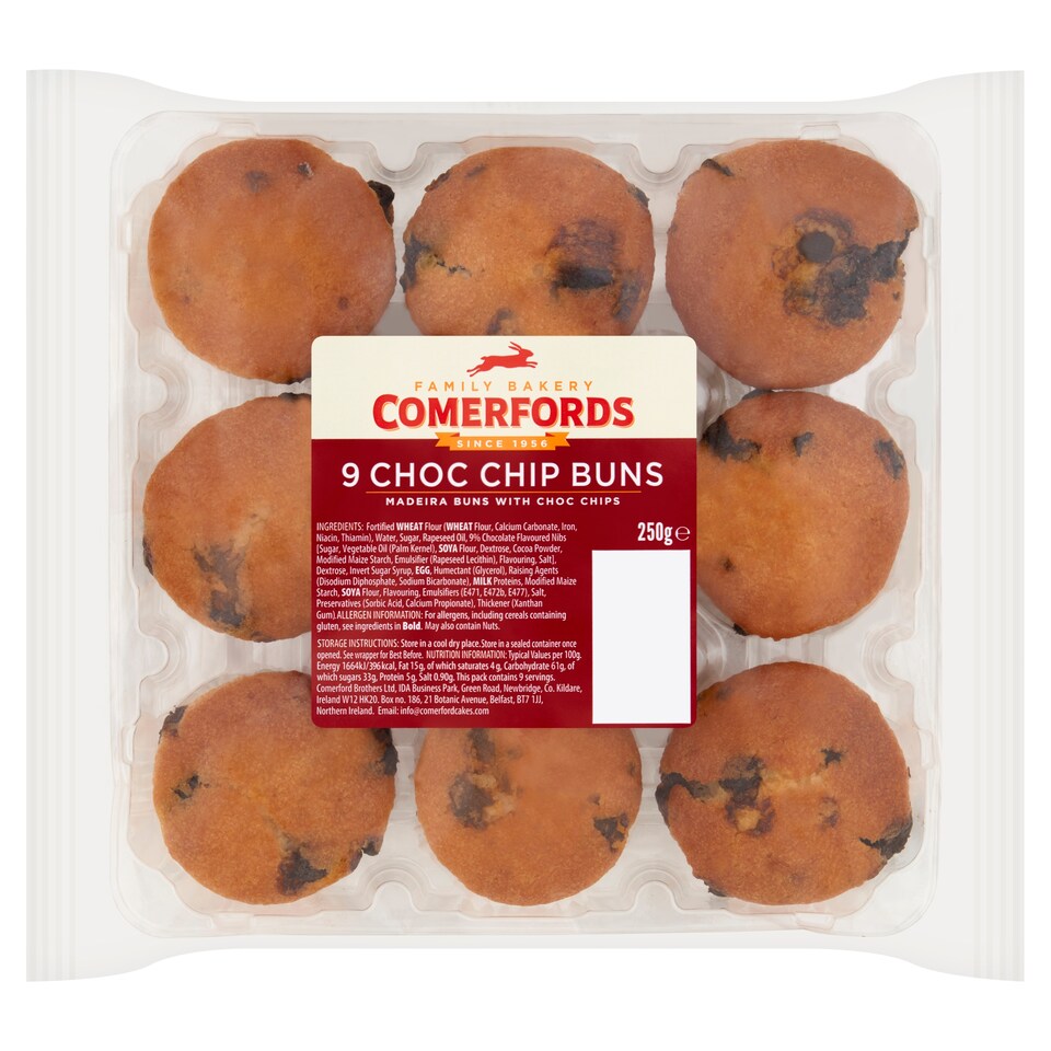 Comerfords Cakes 9 Pack Chocolate Chip Buns 250G
