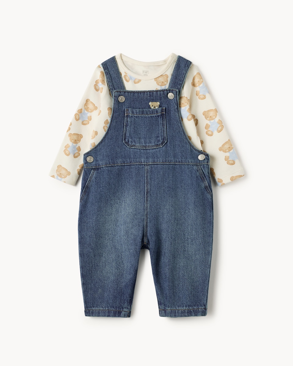 image 1 of F&F Baby 2-Piece Pure Cotton Bear Dungaree Set in Blue