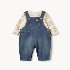 F&F Baby 2-Piece Pure Cotton Bear Dungaree Set in Blue