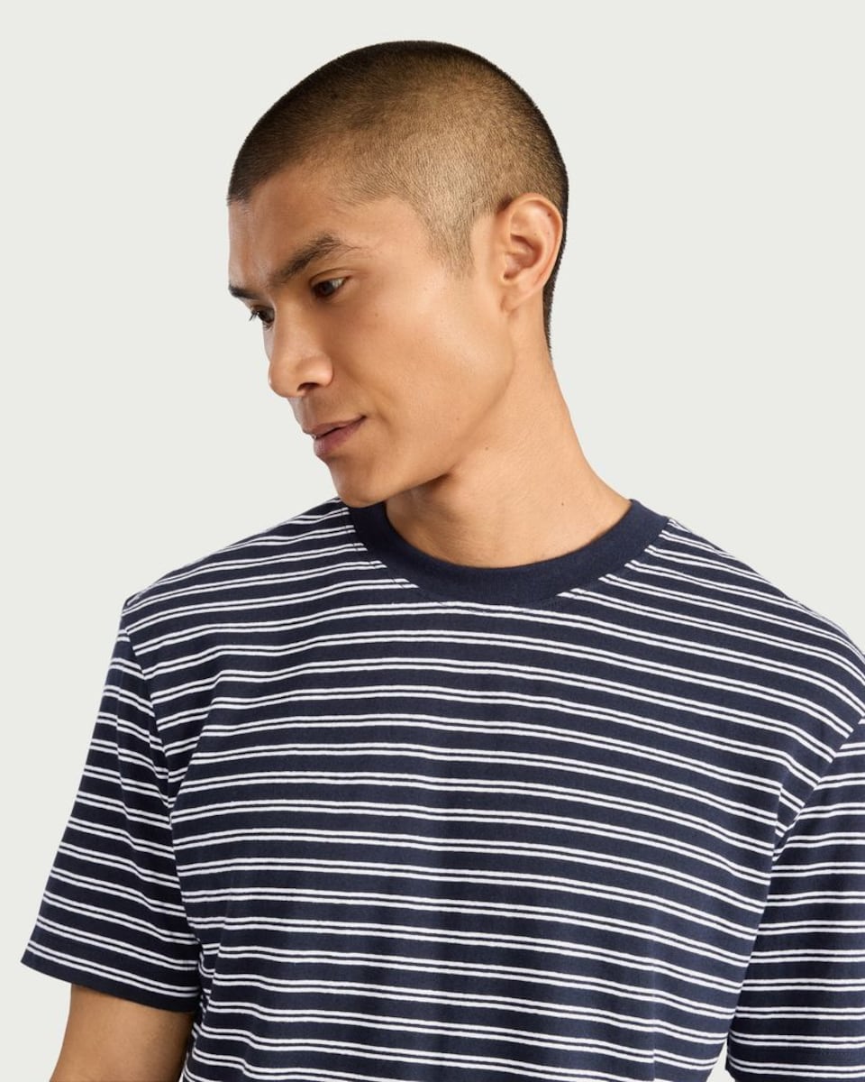 image 1 of The F&F Edit Linen Rich Striped T-Shirt in Navy