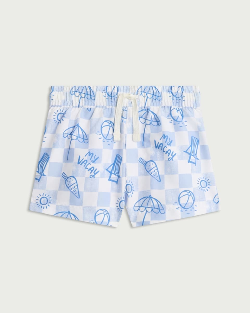 image 1 of F&F Boys My Vacay Print Checked Swim Shorts in Blue