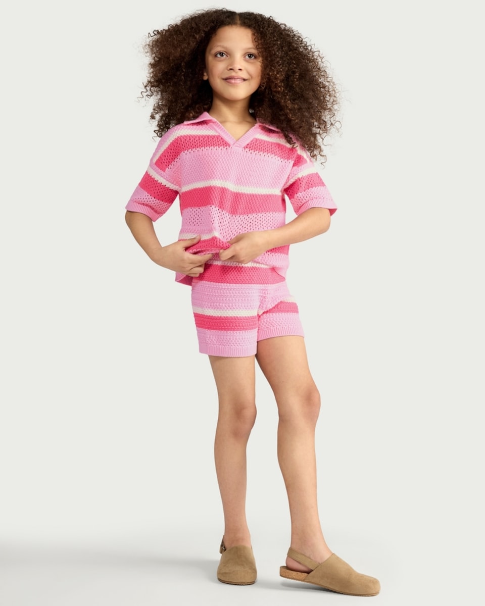 image 1 of F&F Girls 2-Piece Pure Cotton Knitted Striped Shirt and Shorts Set in Pink