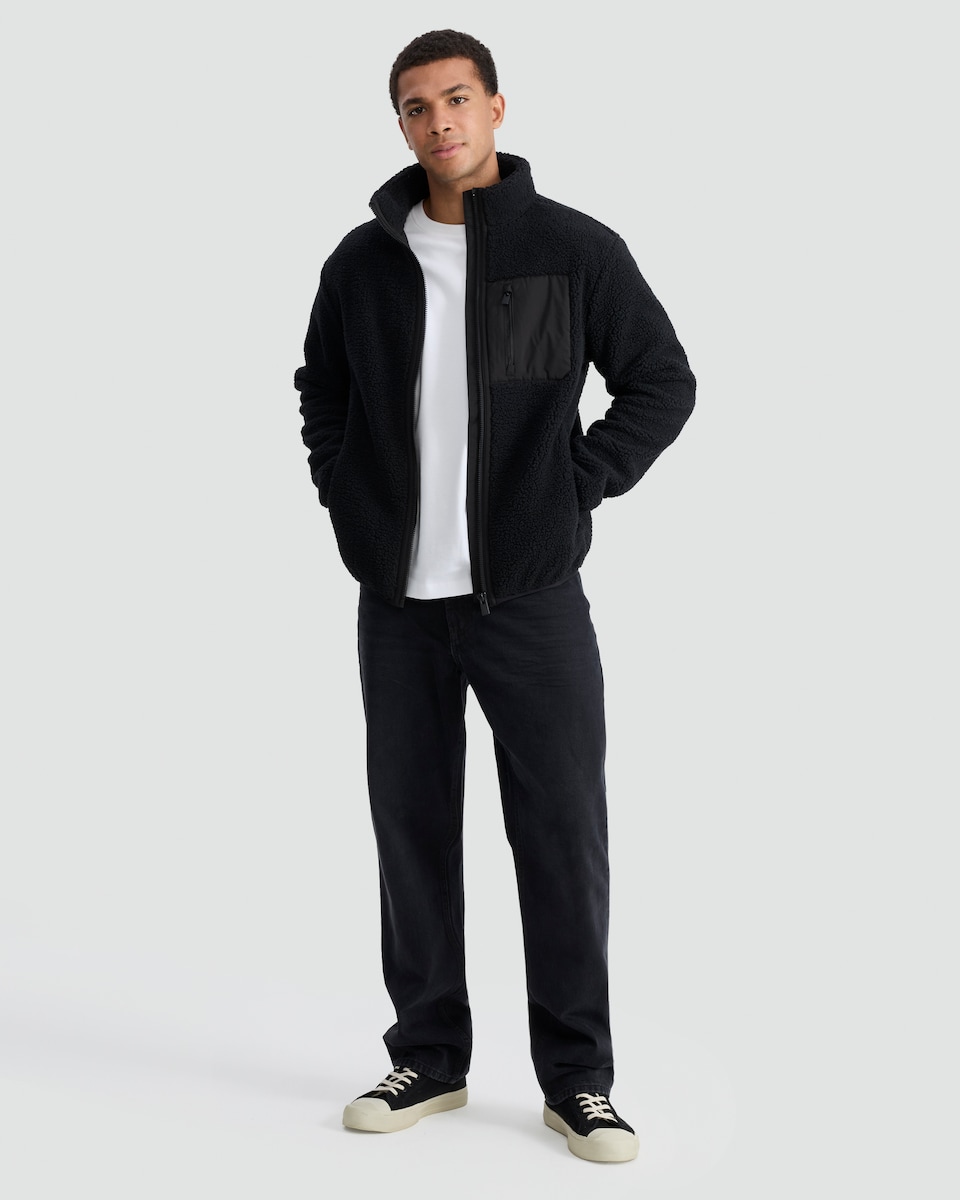 image 1 of F&F Pocket Front Zip Up Fleece Jacket in Black