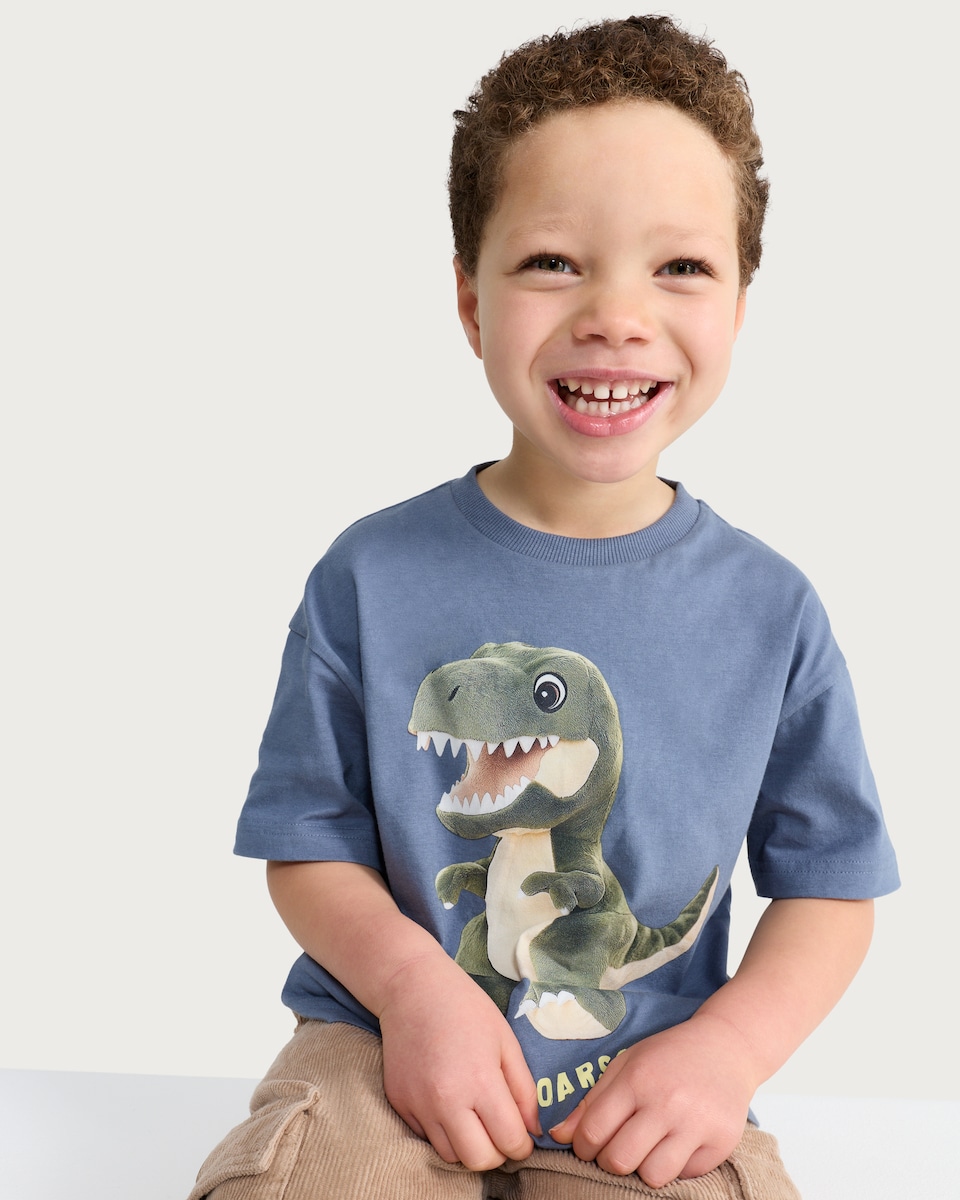 image 1 of F&F Boys Pure Cotton Stay Roarsome Dinosaur T-Shirt in Blue
