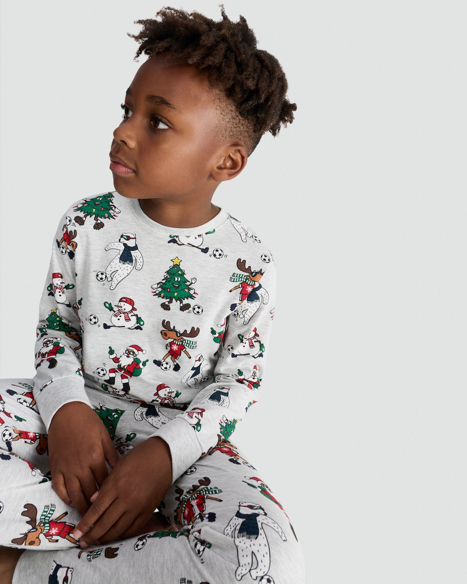 image 1 of F&F Boys Cotton Rich Festive Print Top and Cuffed Joggers Pyjamas in Grey Multi