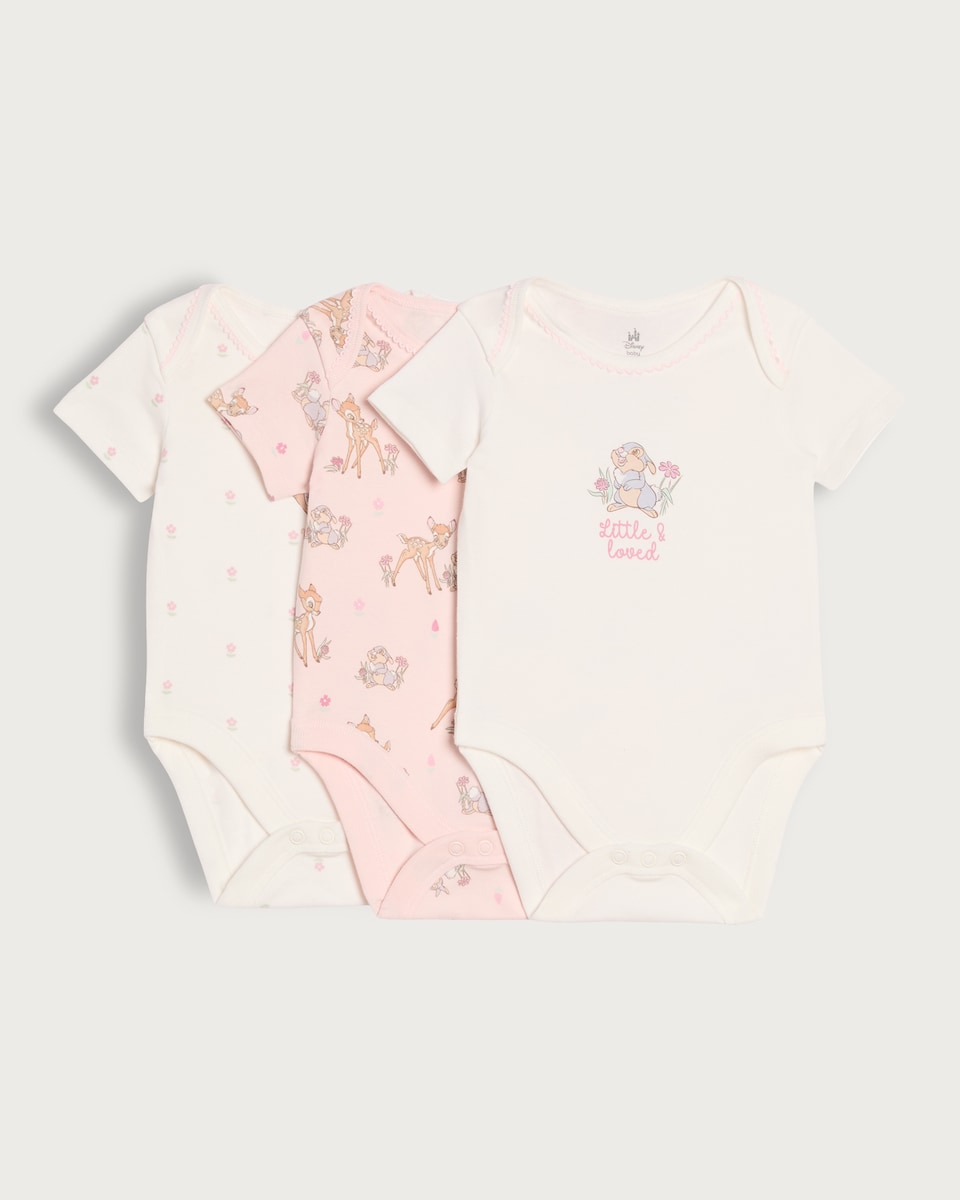 image 1 of Disney Bambi and Thumper 3-Pack Pure Cotton Bodysuits in Multi Pink