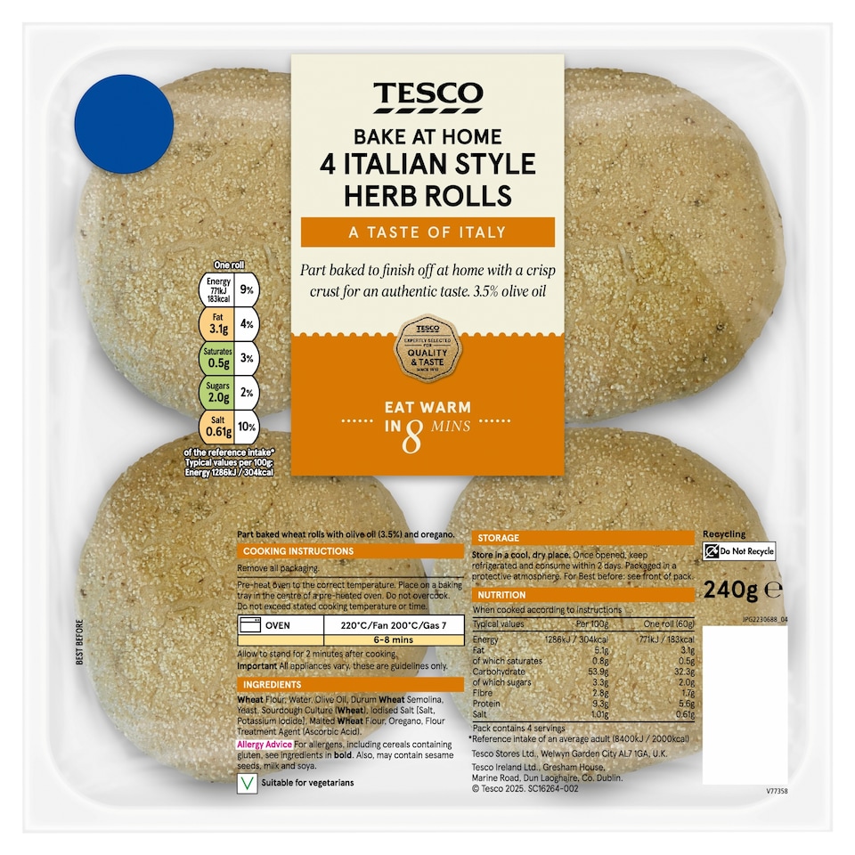 Tesco bake at home Italian style herb rolls 4 Pack