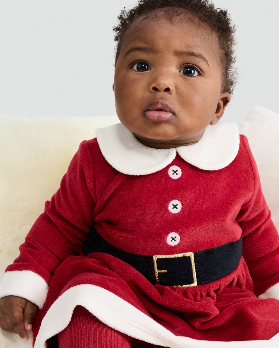 image 1 of F&F Baby 2-Piece Velour Santa Dress and Tights Set in Red