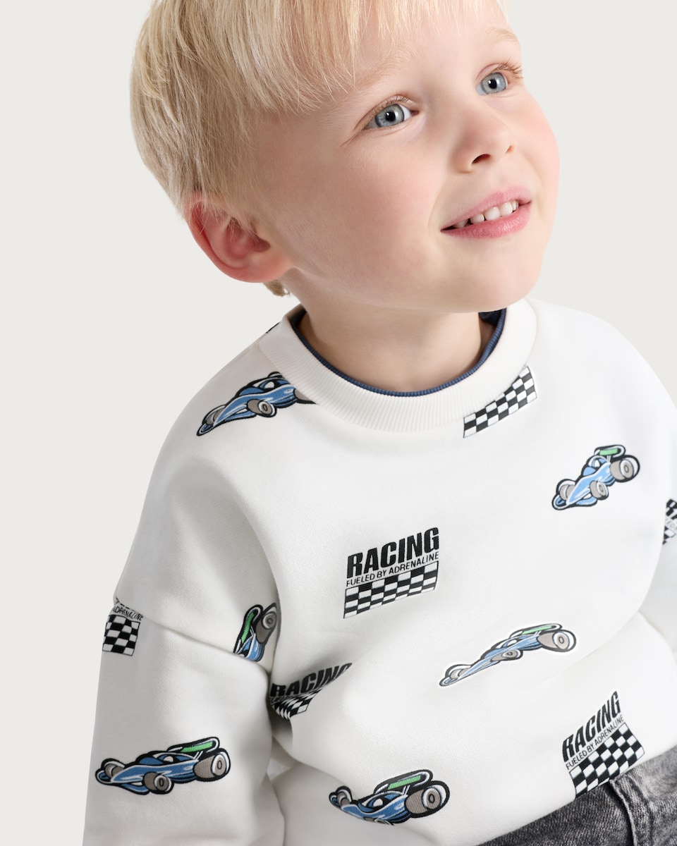image 1 of F&F Boys Cotton Rich Racing Car Print Sweatshirt in Cream