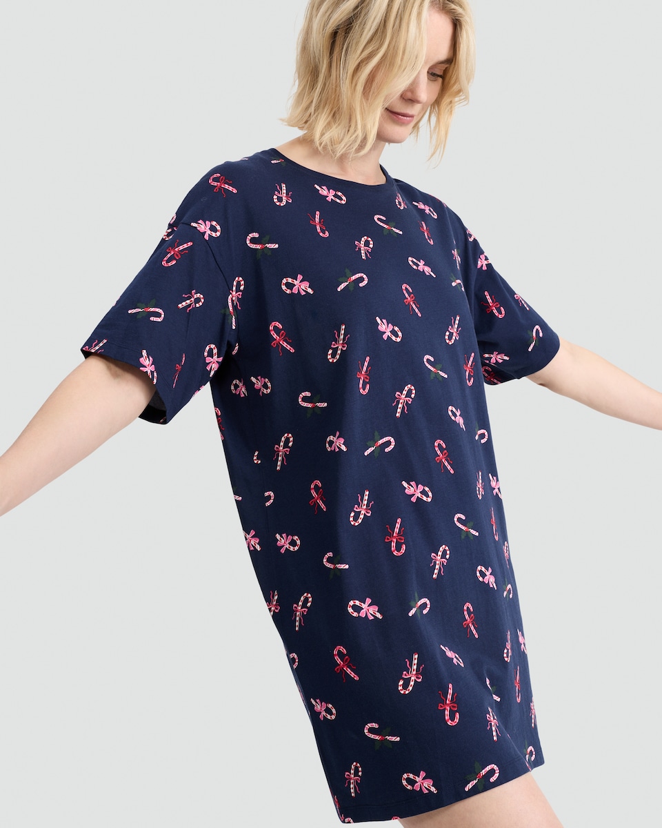 image 1 of F&F Pure Cotton Candy Cane Print Nightdress in Navy