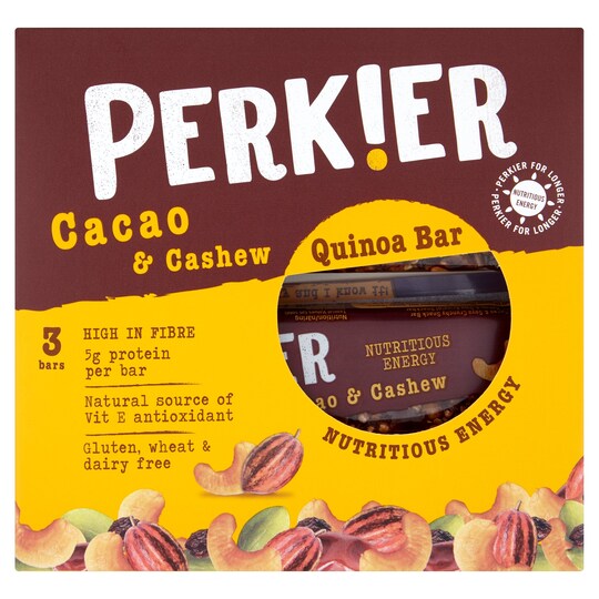 PERKIER QUINOA BAR CACAO & CASHEW 3X35G Tesco Groceries