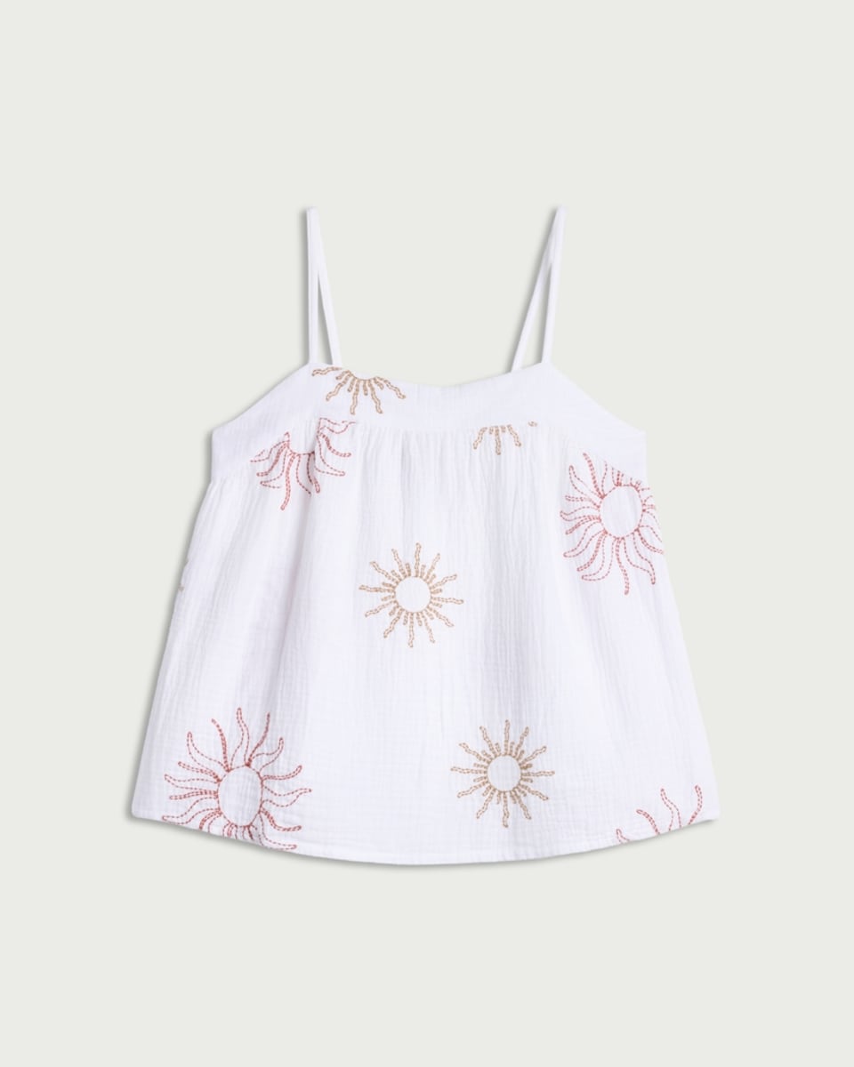 image 1 of F&F Pure Cotton Embroidered Sun Pyjama Camisole Top in Cream