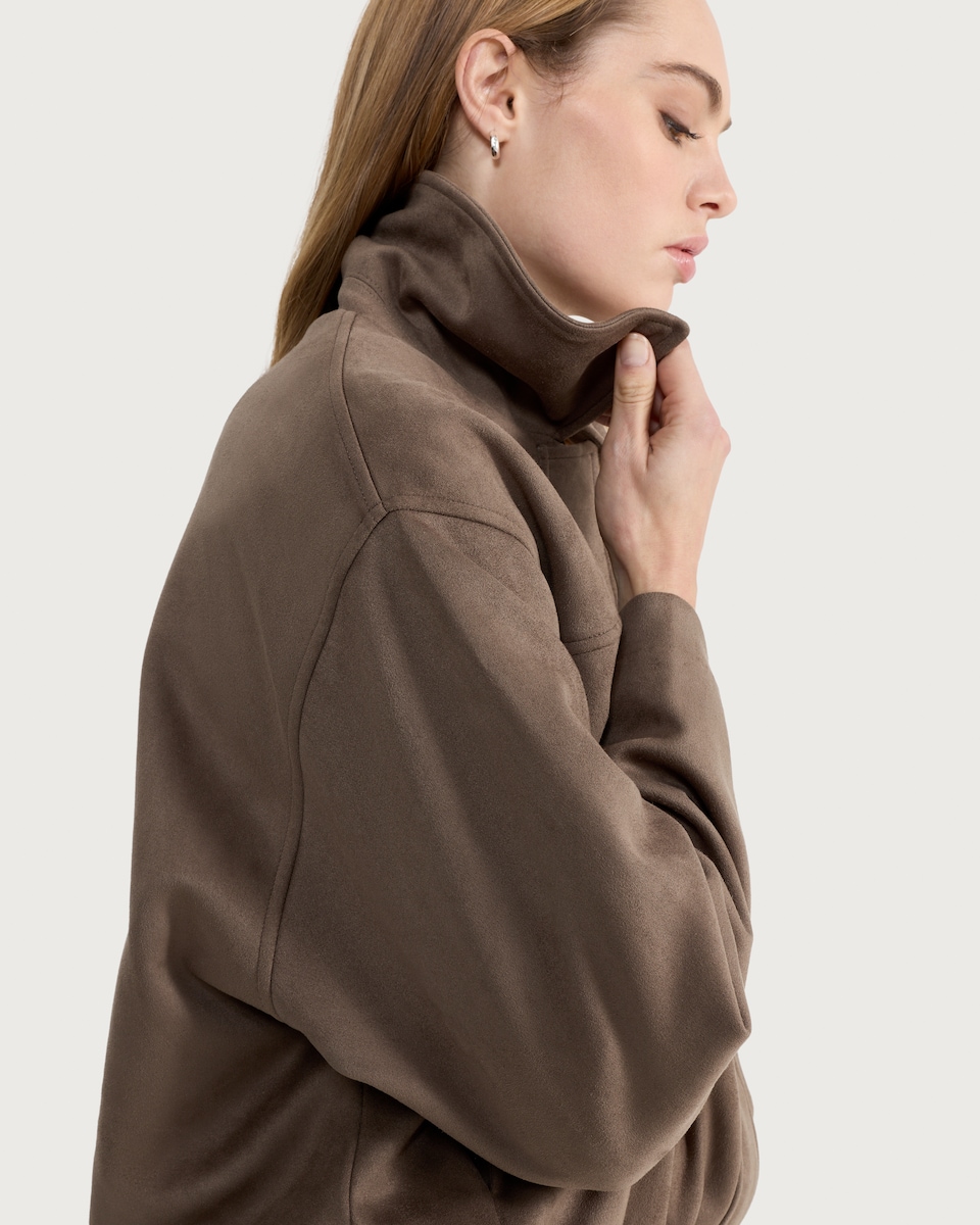 image 1 of F&F Faux Suede Bubble Hem Zip Up Jacket in Khaki