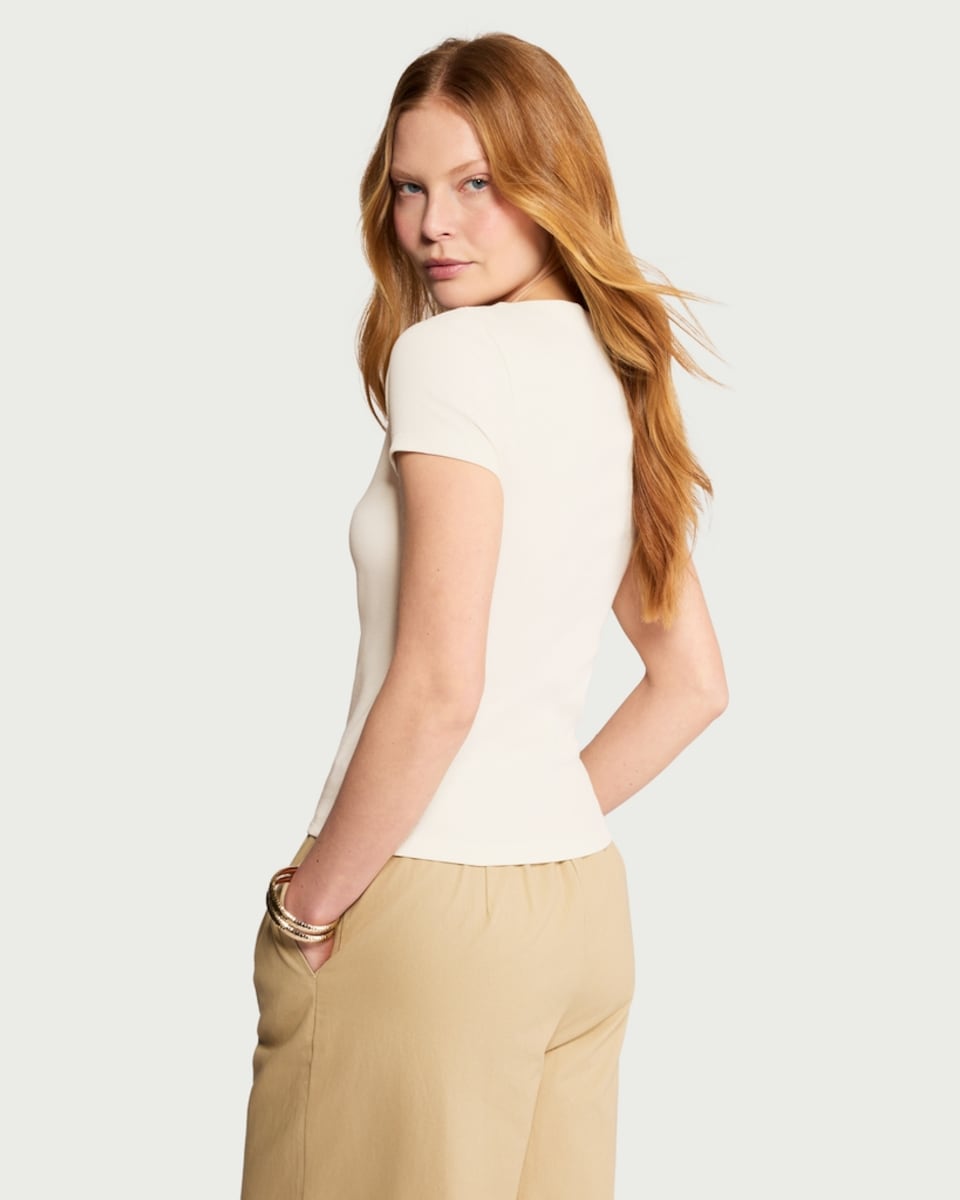 image 1 of F&F Cotton Rich Slash Neck Short Sleeved Top in Cream