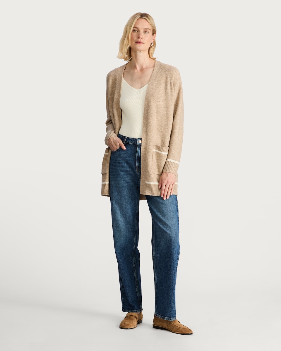 image 1 of F&F Patch Pocket Open Front Cardigan with Wool in Mink