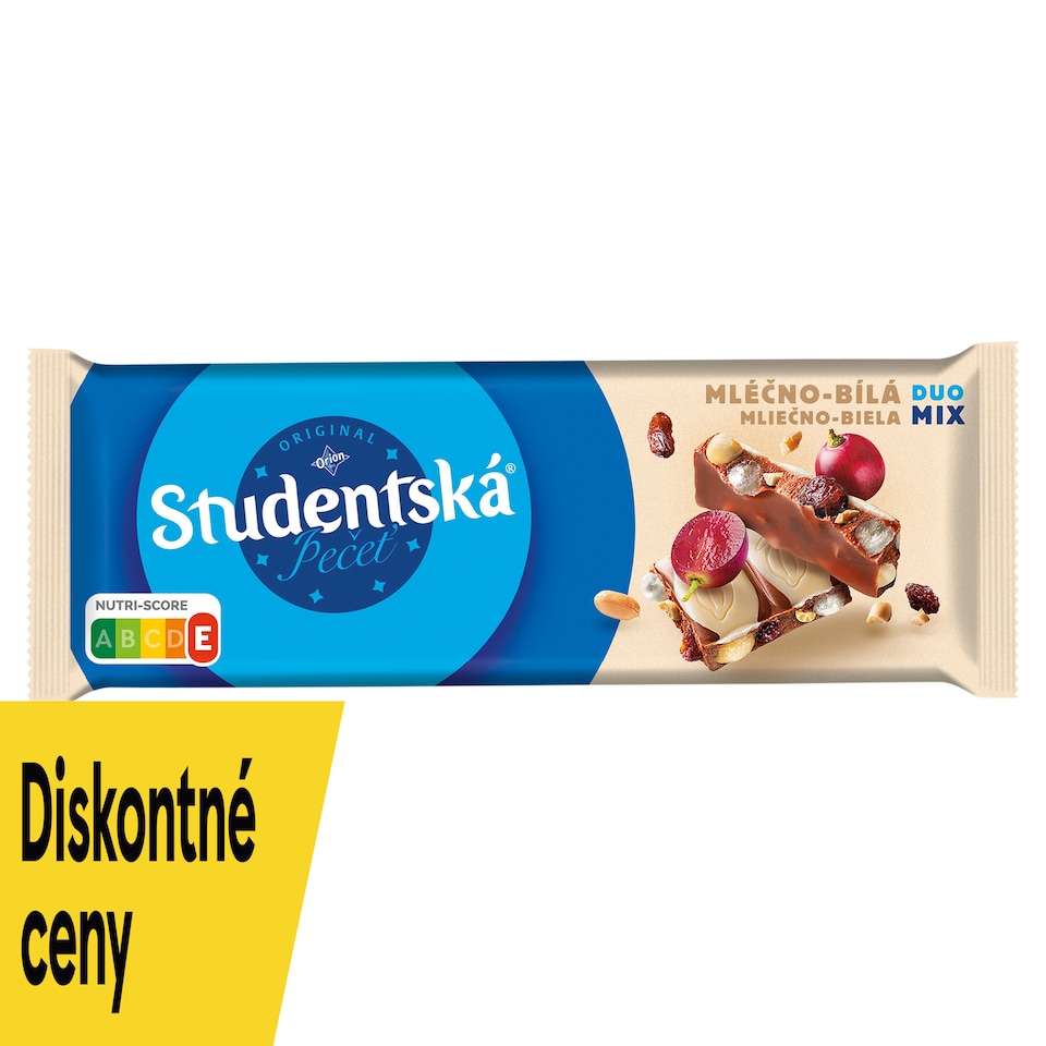 ORION Študentská pečať Mliečna a biela čokoláda s arašidmi, hrozienkami a želé 90 g