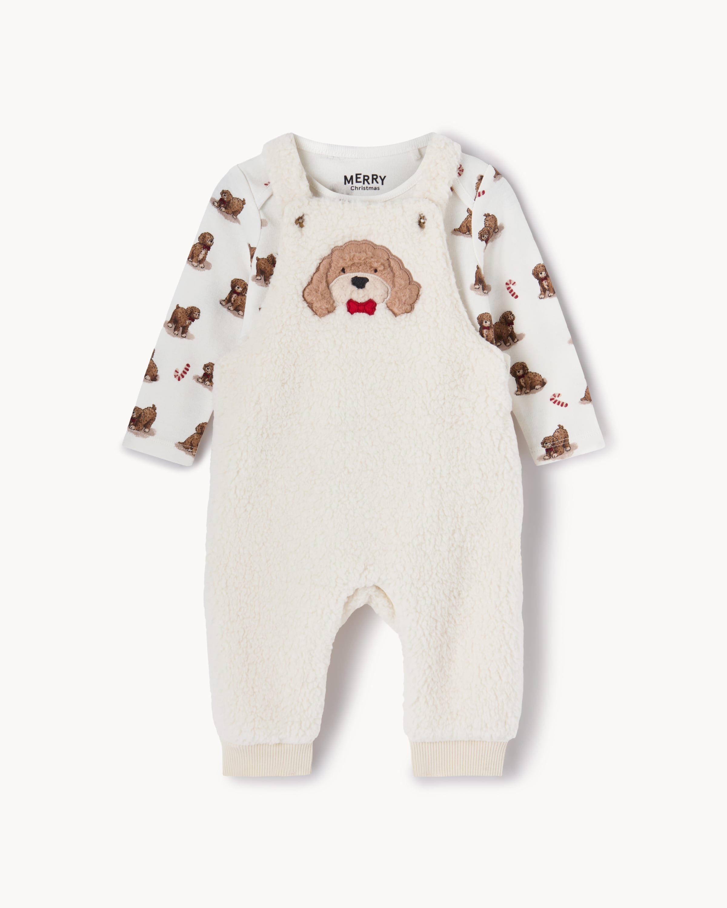Christmas Baby Fleece Dog Dungarees and Bodysuit Set in Cream