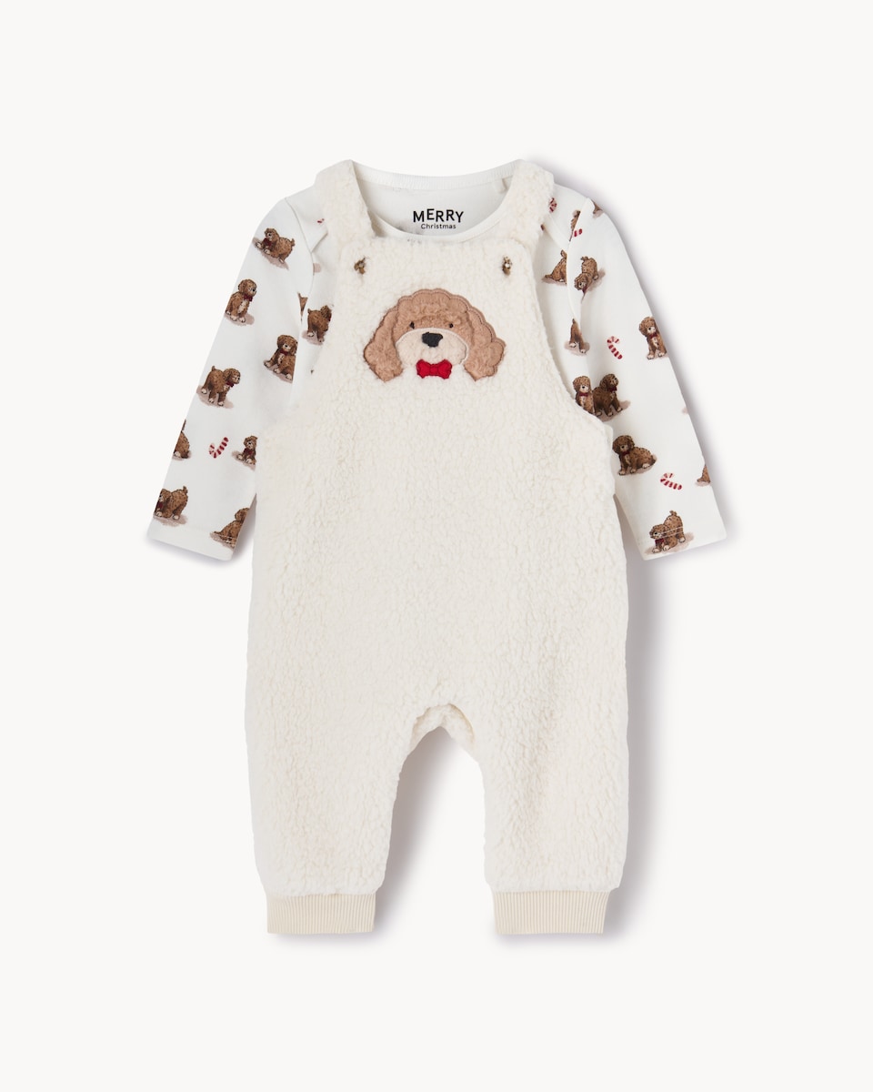 image 1 of Christmas Baby Fleece Dog Dungarees and Bodysuit Set in Cream