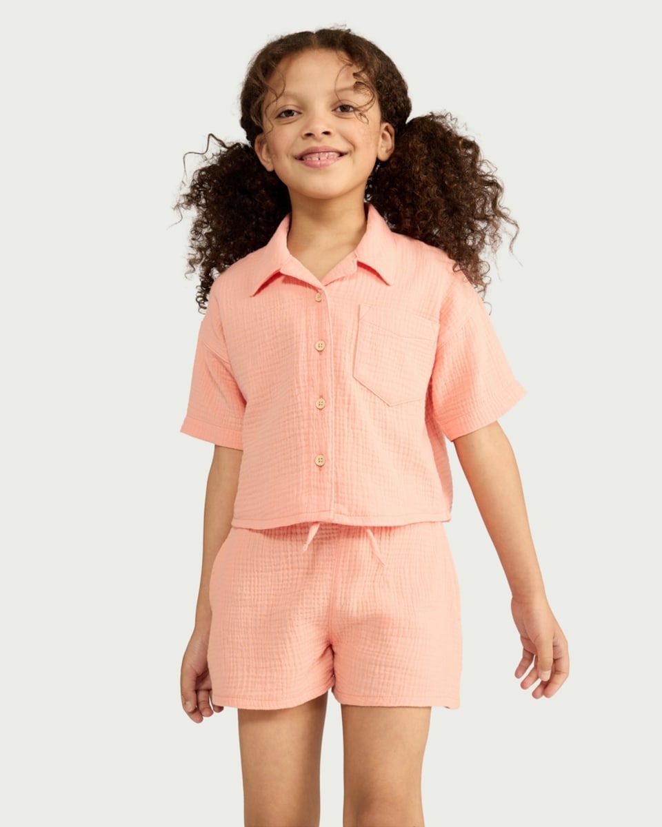 image 1 of F&F Girls 2-Piece Pure Cotton Textured Shirt and Shorts Set in Coral