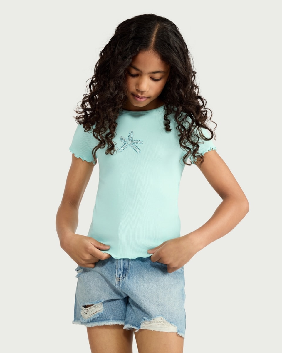 image 1 of F&F Girls Cotton Rich Starfish Embellished T-Shirt in Green