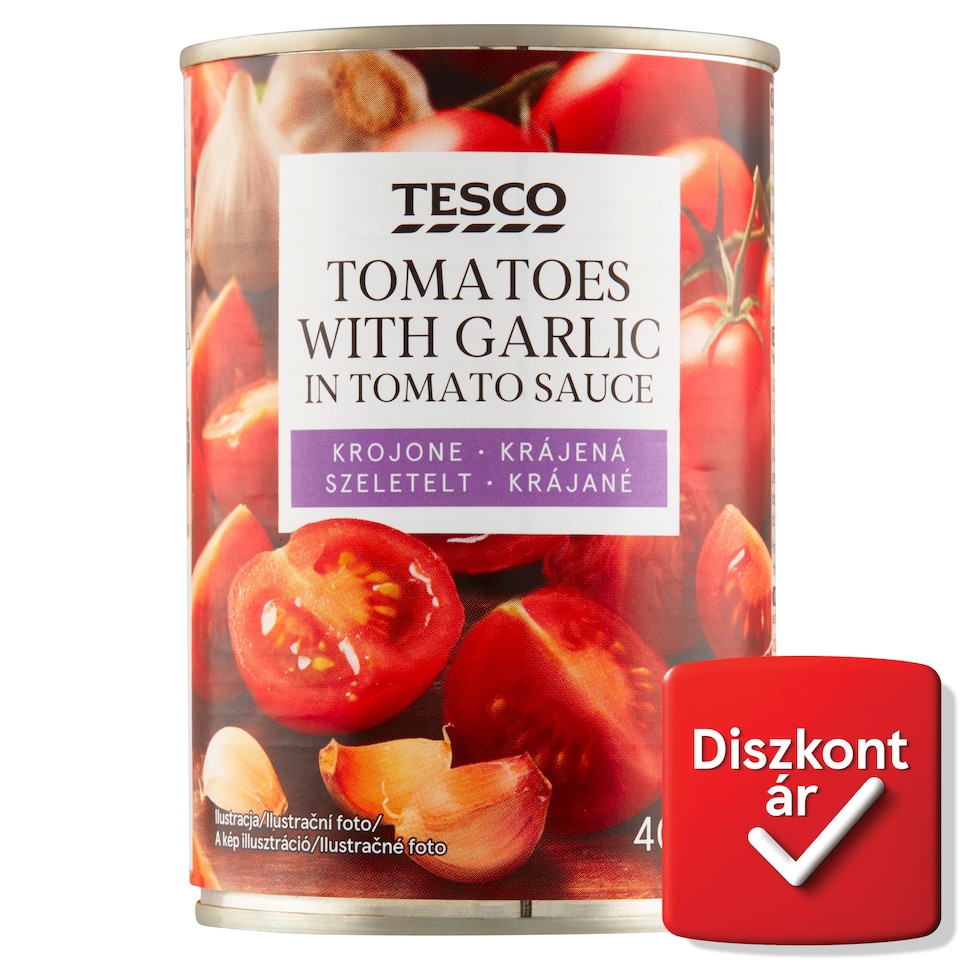 Tesco szeletelt paradicsom paradicsomszószban olívaolajjal és fokhagymával 400 g
