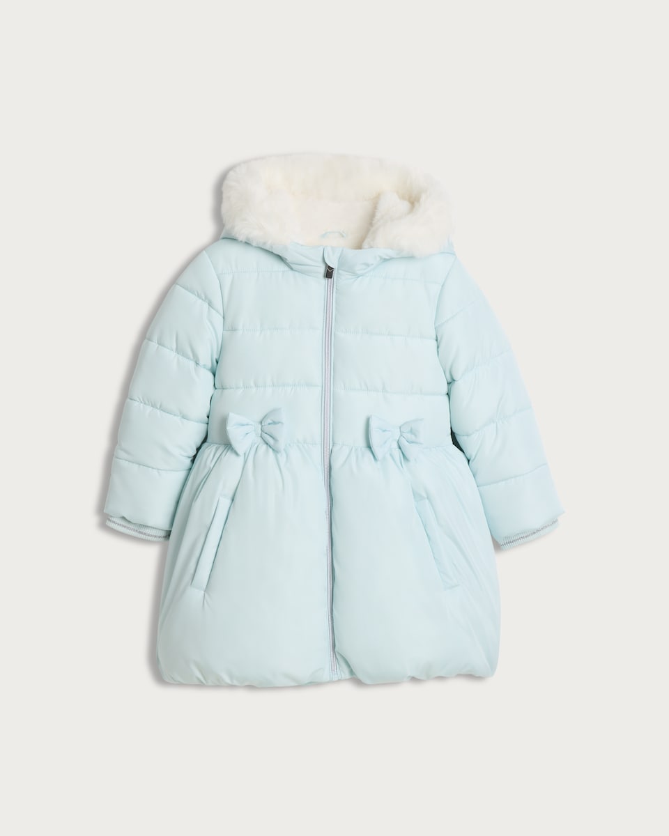 image 1 of F&F Girls Faux Fur Hood Padded Shower Resistant Coat in Blue