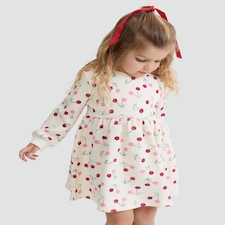 F&F Girls Cotton Rich Cherry Print Long Sleeved Sweater Dress in Cream