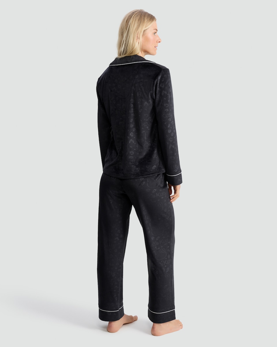 image 1 of Hello Kitty Fleece Printed Revere Pyjama Set in Black