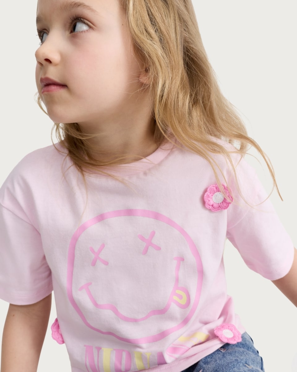 image 1 of Nirvana Pure Cotton Smiley Face Print T-Shirt in Pink