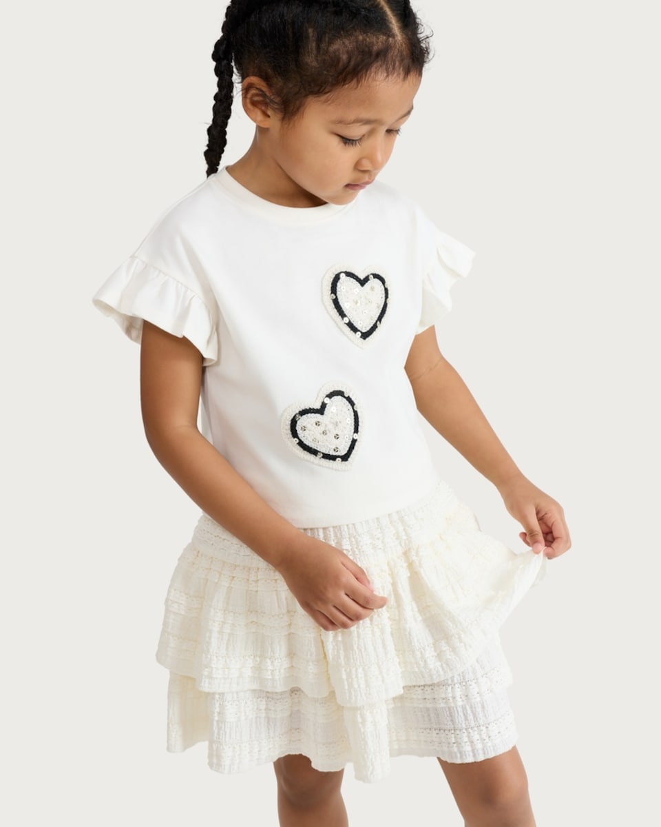 image 1 of F&F Girls 2-Piece Pure Cotton Heart T-Shirt and Skirt Set in Multi Black White