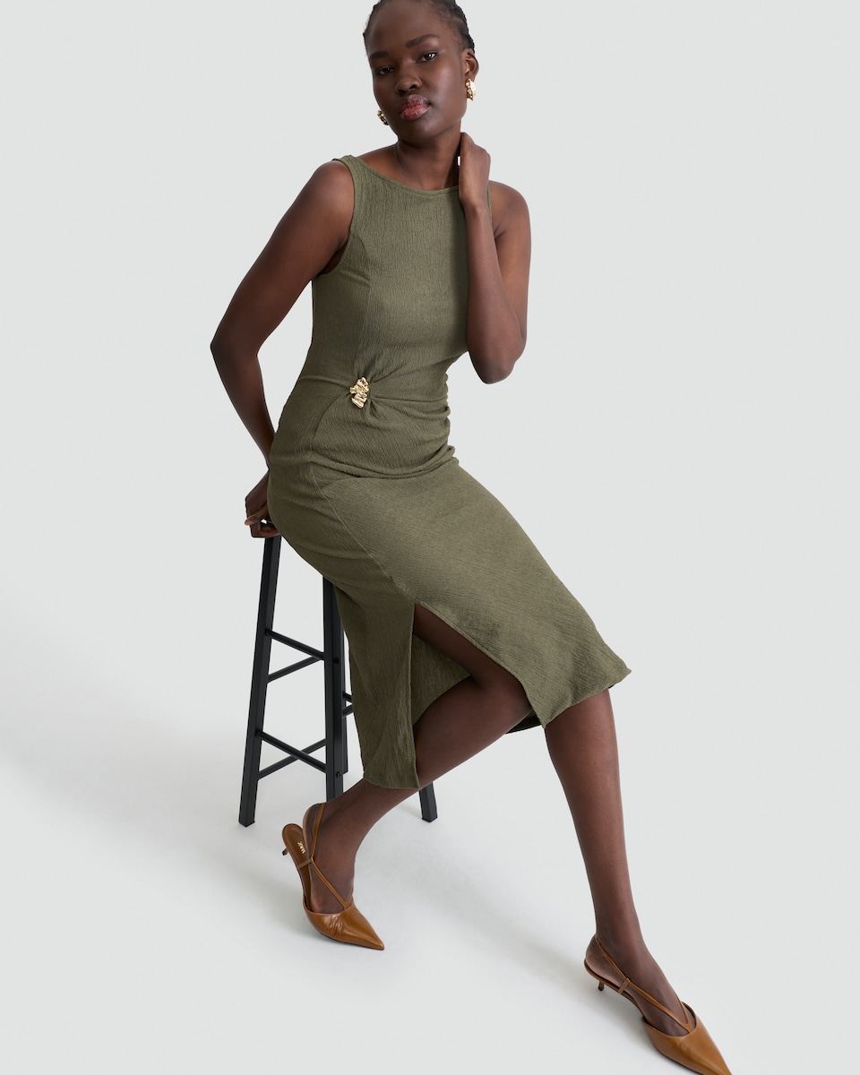 image 1 of F&F Crinkle Textured Gold Buckle Sleeveless Dress in Khaki