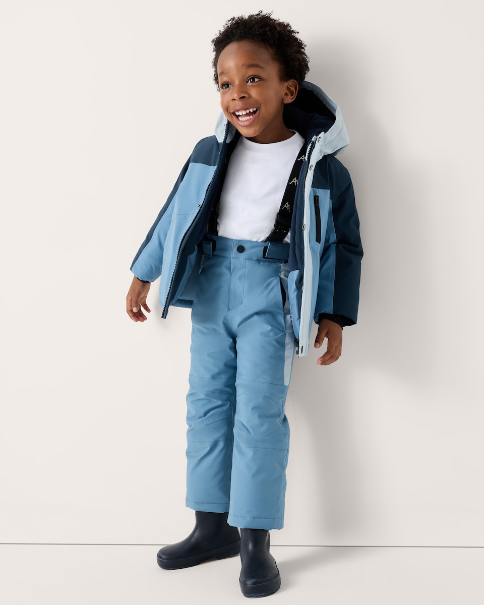 image 1 of F&F Boys Adjustable Strap Waterproof Trousers in Blue