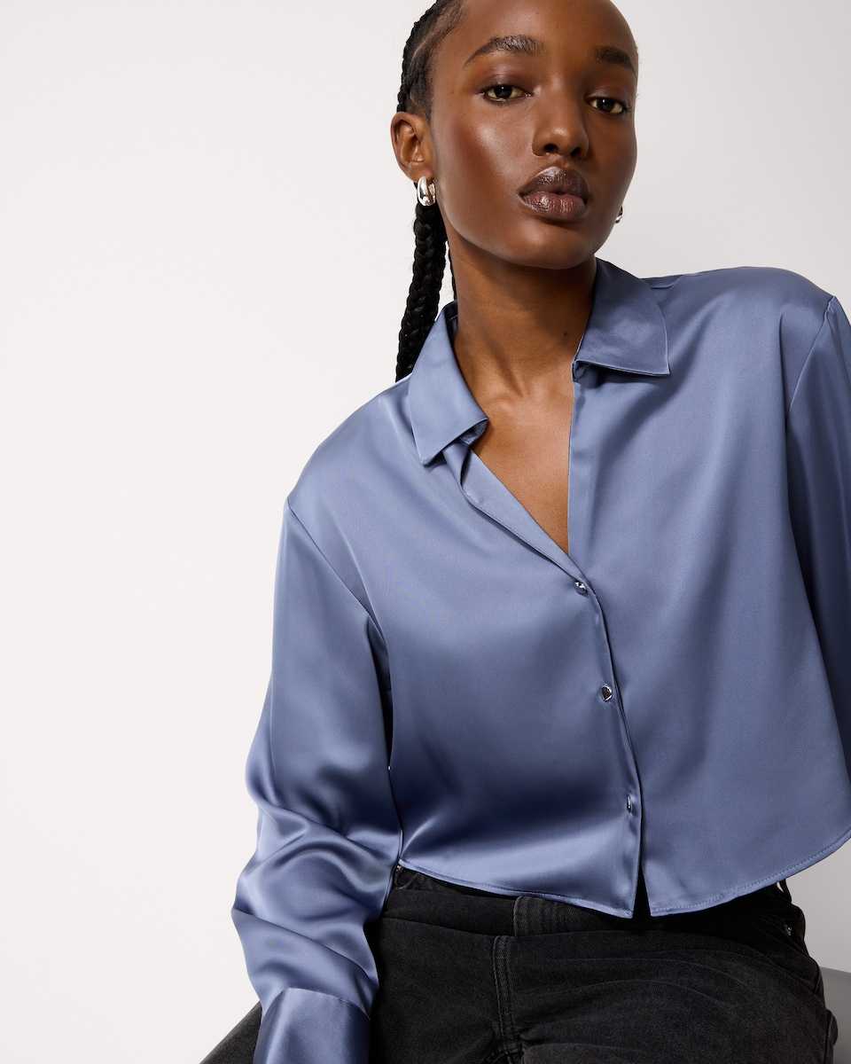 image 1 of F&F Satin Cropped Shirt in Blue