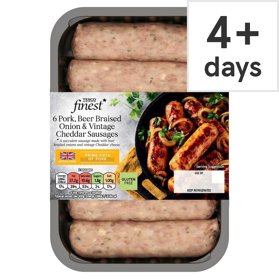 Tesco Finest Pork, Cheddar & Beer Braised Onion Sausages 400g