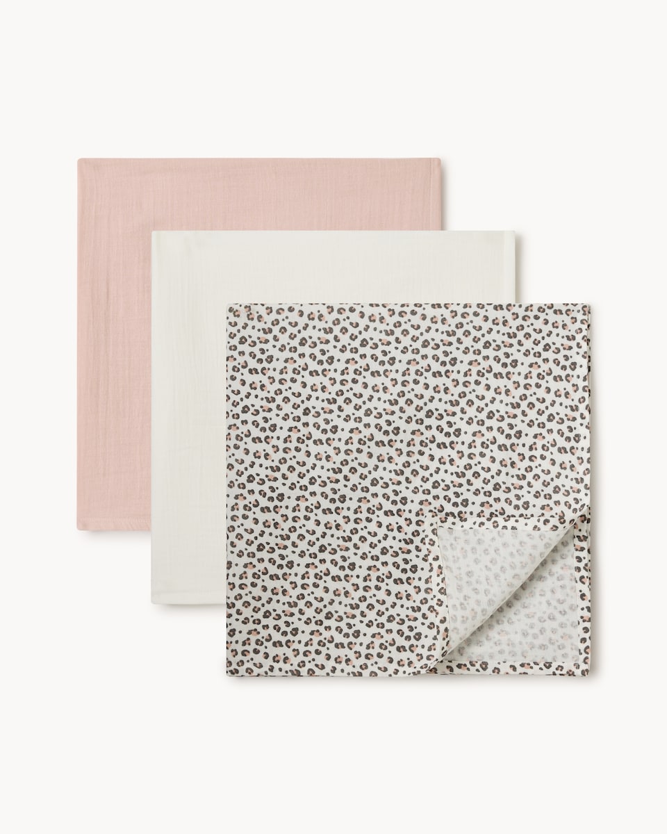 F&F Baby 3-Pack Pure Cotton Leopard Print Muslin Cloths in Pink