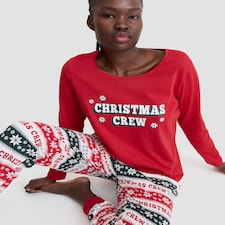 F&F Pure Cotton Christmas Crew Top and Joggers Pyjamas in Red