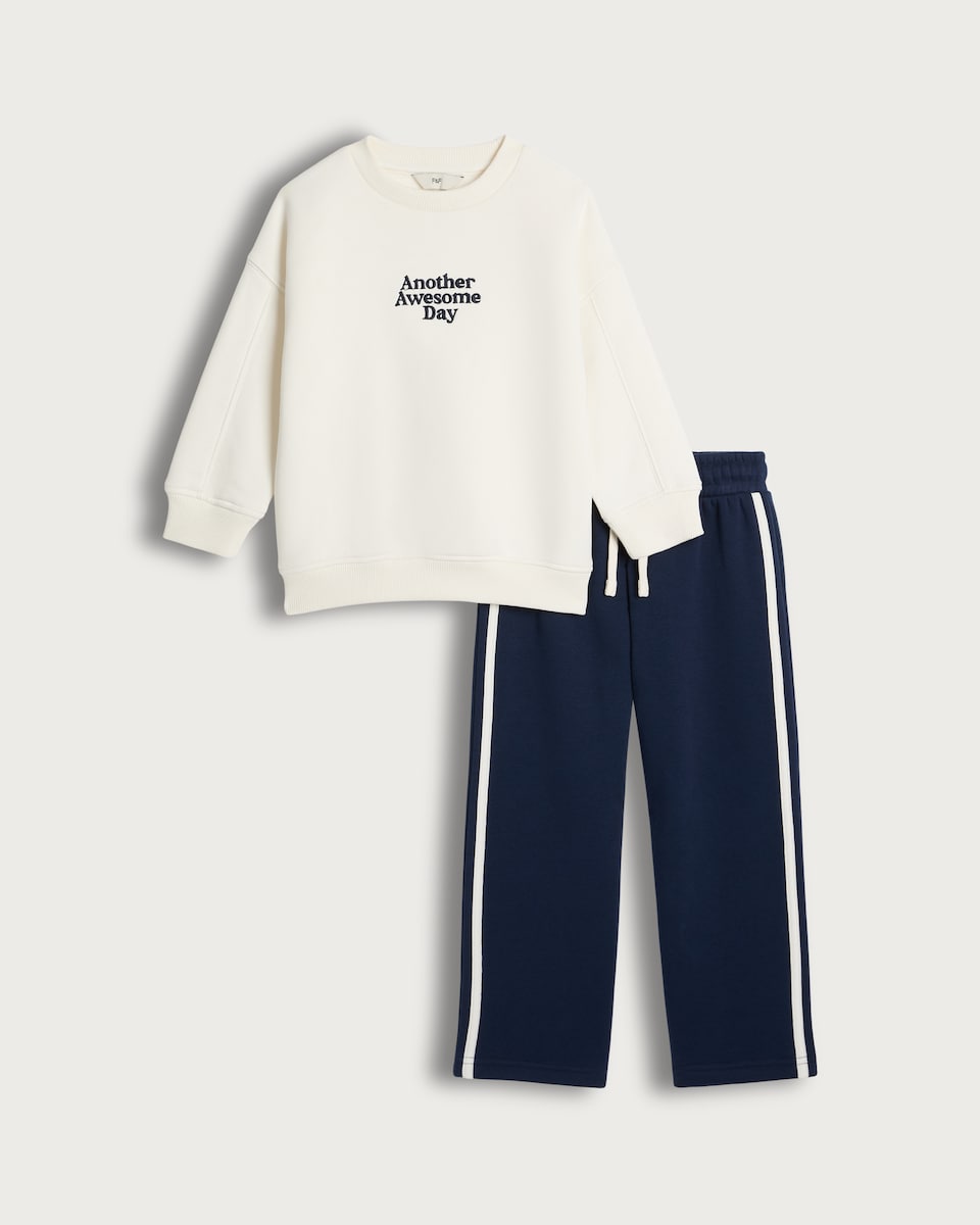 image 1 of F&F Boys 2-Piece Cotton Rich Another Awesome Day Sweatshirt and Joggers Set in Navy